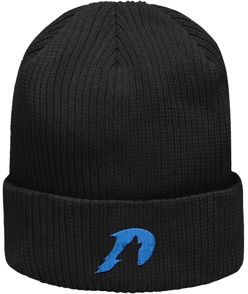 Black ribbed beanie with the blue Disfigure wolf logo