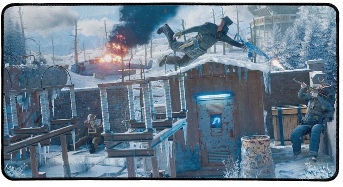 The Clutch mousepad showing a snowy Rust base raid