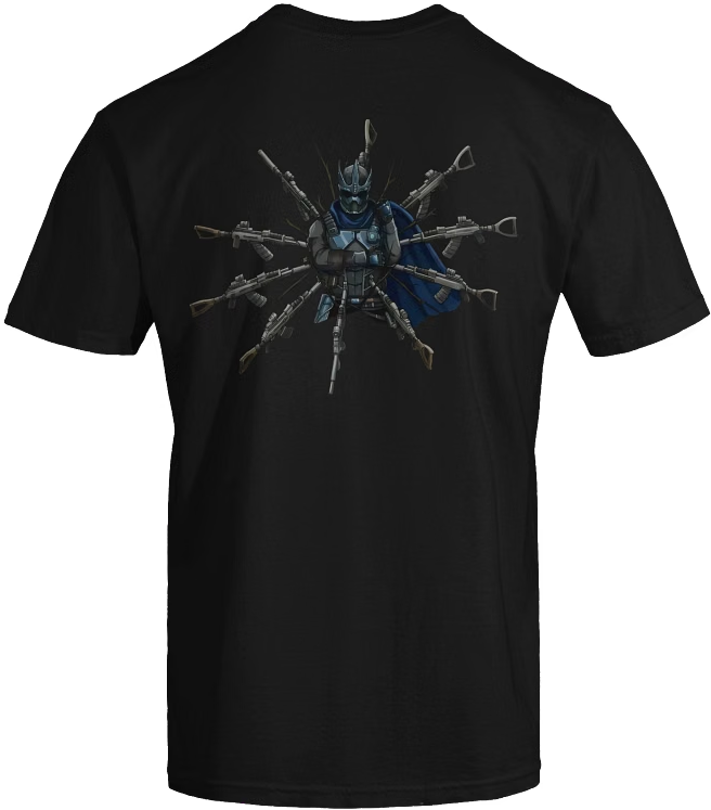 Black Disfigure Surrounded t-shirt with an armored Rust player surrounded by weapons