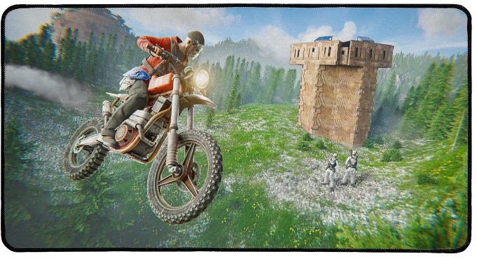 Flight Mode mousepad showing a Rust player jumping a dirt bike past a wooden base